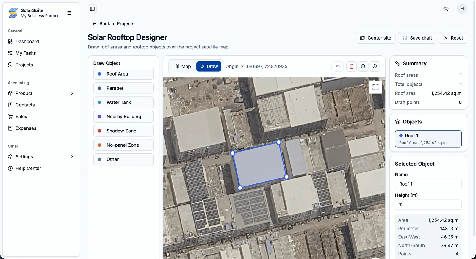 Solar Rooftop Designer tracing a 1,254 sq.m roof on a satellite map, with area, perimeter and east-west and north-south dimensions