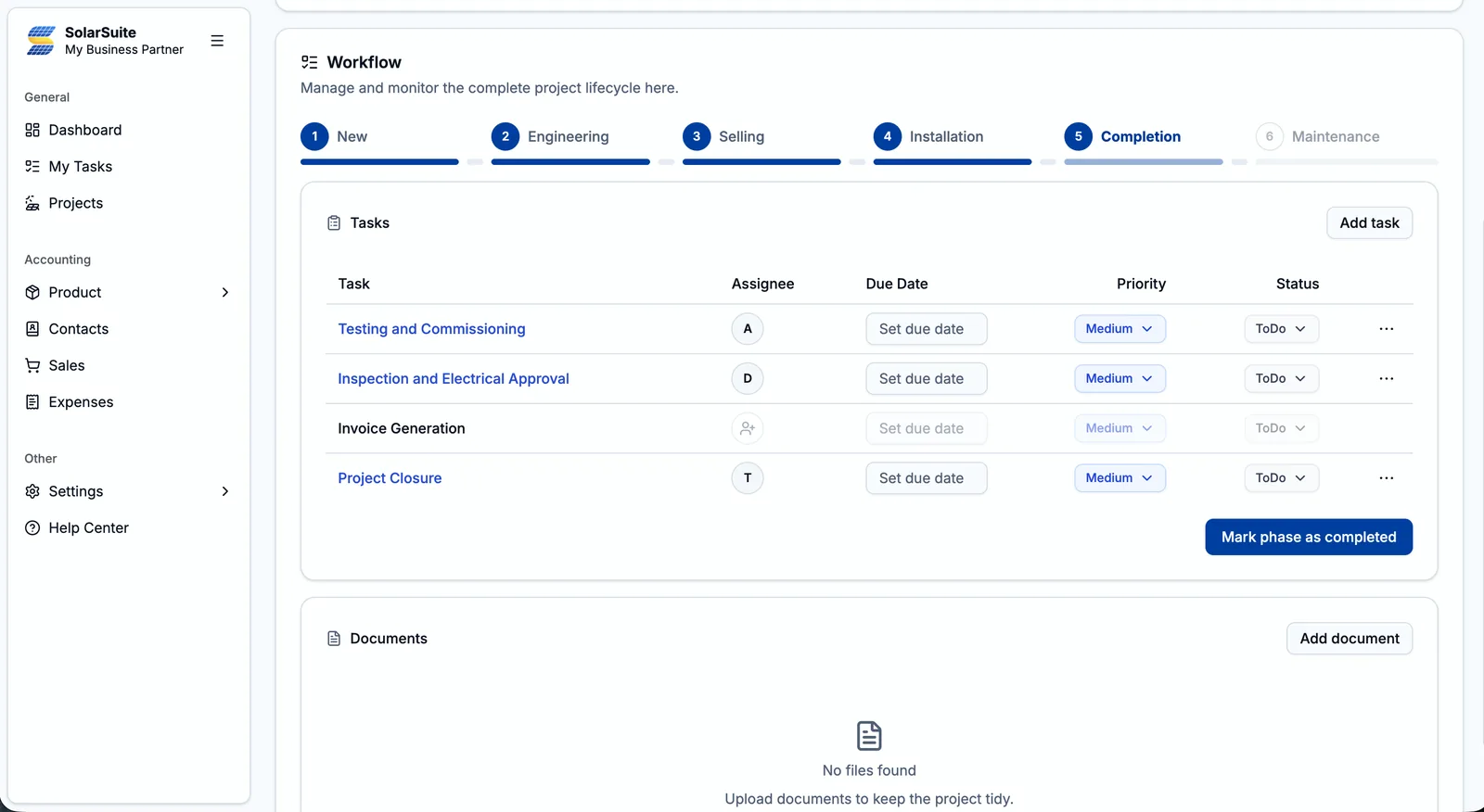SolarSuite project workflow with the six phases from New to Maintenance and the Completion phase task list